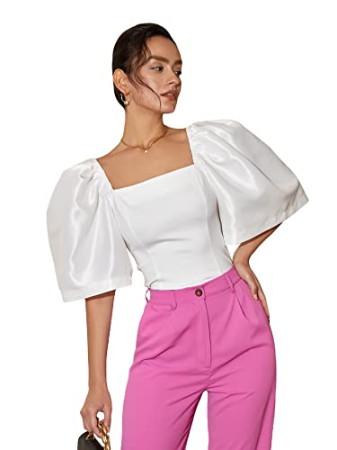 Floerns Women's Square Neck Puff Short Sleeve Elegant Blouse Crop Top