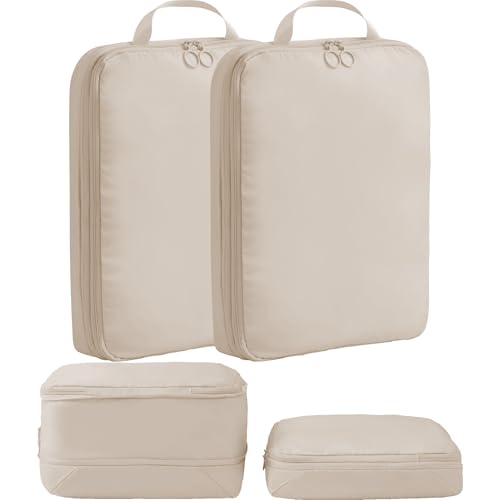 tianzong Upgraded Compression Packing Cubes 2-Pack - 2-Way Full Open, Double Zipper, Space Saving Organizers for Travel (Beige, Large)