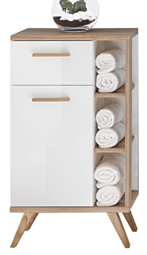 Pelipal Badezimmerschrank Quickset 923 in Weiß Glanz/Riviera Eiche quer Nachbildung, 50,5 cm breit | Unterschrank mit 1 Tür, 1 Schubkasten, 1 seitliches Ablagefach und 2 Glas-Einlegeböden