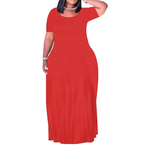 Image of SUZONANA Plus Size Maxi Dress for Curvy Women Summer Casual Sundress Short Sleeve Loose Vacation Dress