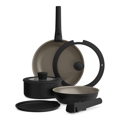 bella 8 Piece Removable Handle Cookware Set, Fits-anywhere™ Kitchenware w EverGood™ Ceramic Nonstick Coating​, Dishwasher & Oven Safe, All Stovetops Compatible, Glass Lids with Silicone Rims, Black by BELLA - Used condition - US$26.77