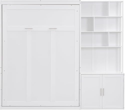 MERITLINE Full Size Murphy Bed with Bookcase Shelves and Storage Cabinet, Wood Folding Murphy Wall Bed Cabinet - Thumbnail 5