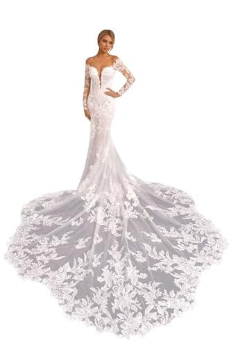 Jamille Lace Applique Wedding Dresses for Bride 2024 Mermaid Long Sleeve Briadal Gowns with Train Deep V Neck Beach JA0116