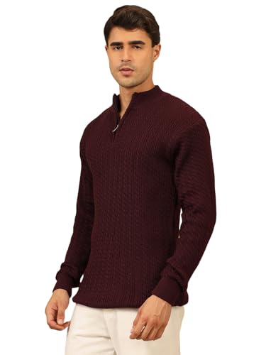 Image of Kvetoo Men's Full Sleeve High Neck Zipper Sweater| Warm Cable Knit Quarter Zip Pullover | Wool Winter Sweater for Casual & Office Wear