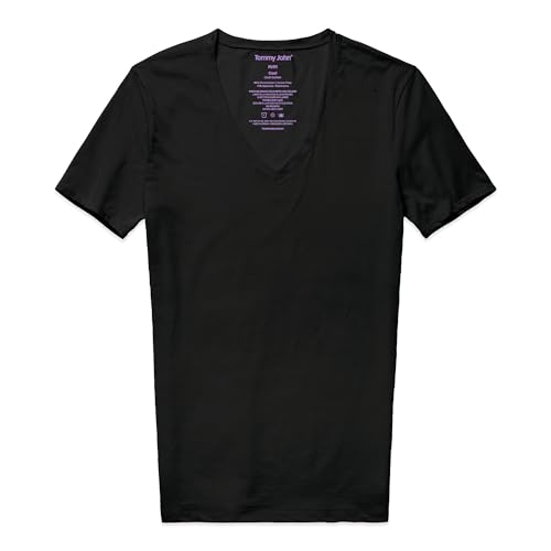 Tommy John Men's Cool Cotton Deep V-Neck Shirt, Stay Tuck Design, Soft Stretch Fabric Cotton, Comfortable Fit Premium Men's T-Shirt, Short Sleeve Undershirts for Men, Black, Medium