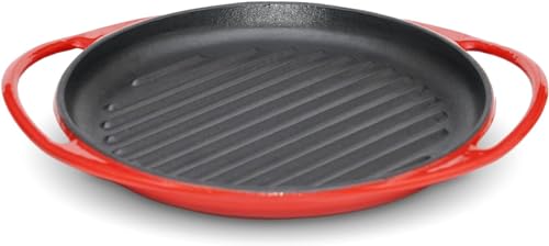 lätt Home Grill Plancha de Hierro Fundido Esmaltado Rojo Redondo 26cm. Sartén Parrilla para asar Carne, Pescado,...