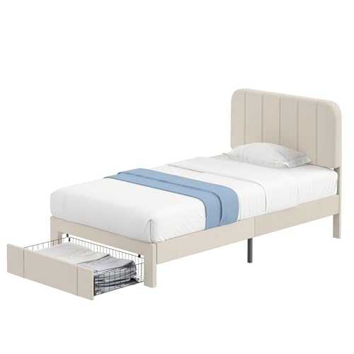 Image of VECELO Twin Size Upholstered Bed Frame with Drawer and Headboard, Velvet Platform Storage Bedframe, Wooden Slats Support, No Box Spring Needed,Bone Beige