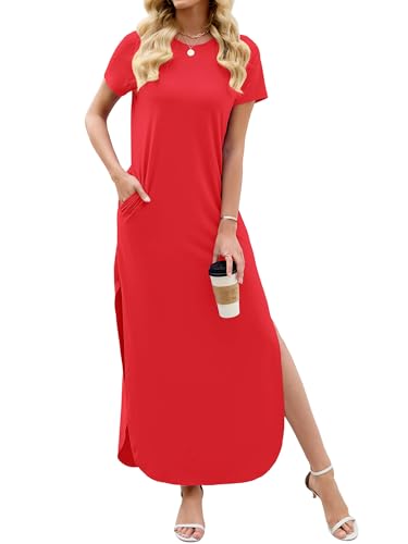 Image of Heymoments Womens Summer Maxi Dress Short Sleeve Casual Loose Long T Shirt Split Vacation Beach Sundress with Pockets
