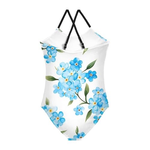 Girls One Piece Swimsuits Blue Forget-me-not Flowers Pattern Sport Halter Swimwear Beach Bathing Suit, 3T2
