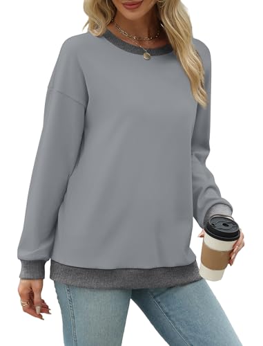 Image of Saloogoe Sweatshirts for Women Crewneck Long Sleeve Loose Fit Tops Color Block Ribbed Trim Fashion 2025