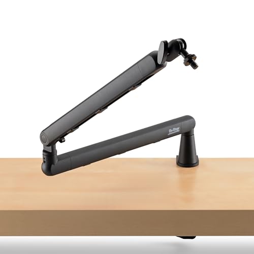 Image of On-Stage MBS-LP1 Low-Profile Broadcast Boom Arm - Adjustable Mic Stand with 5 /8 inch Thread, Cable Management, C-Clamp & Flange Mount - Quiet Hinges, 360 Swivel for Podcasting & Streaming