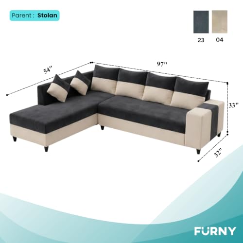 Image of FURNY Sebian Velvet-Suede Fabric 6 Seater LHS Sofa Set (Dark Gray - Cream) | Comfortable & Spacious Seating | Modern Sofa Set for Living Room | Plush Comfort Cushions