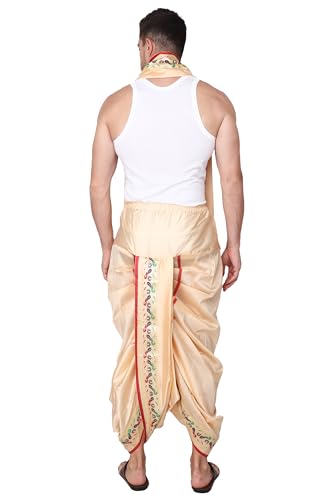 Image of Rameshwaram Fabrics Readymade Dhoti for Men, Velcro Style Stitched Mens Silk Dhoti Pant with Stole Set