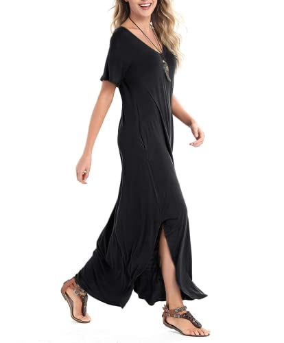 Arolina Women's Summer Maxi Dress Short Sleeve V Neck Casual Loose Long Beach Split Dresses with Pockets4