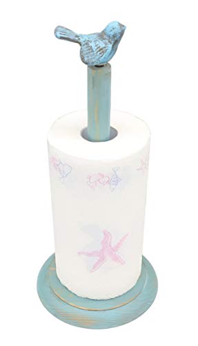 Bird Design Wood Paper Towel Holder Stand Up Paper Towel Holder, Easy One-Handed Tear Kitchen Paper Towel Dispenser with Weighted Base for Standard Paper Towel Rolls - Turquoise - Image 3