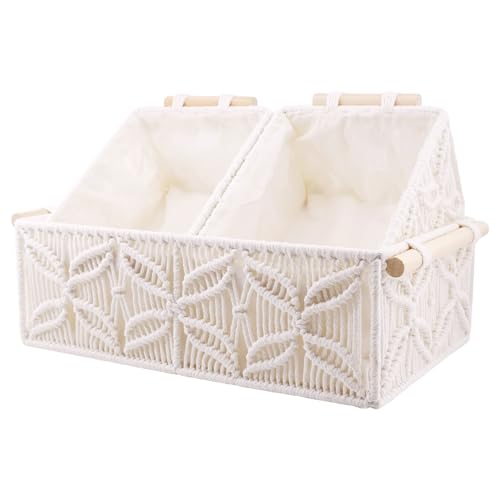 YAHUAN Macrame Storage Baskets with Wood Handles Handmade Woven Boho Decor Box for Organizing on Shelf Cabinet Countertop - Set of 3 (White)