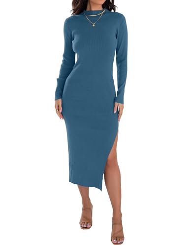 Image of ZESICA Women's 2026 Ribbed Knit Dress Long Sleeve Mock Neck Slim Fit Side Slit Fall Elegant Sweater Dresses
