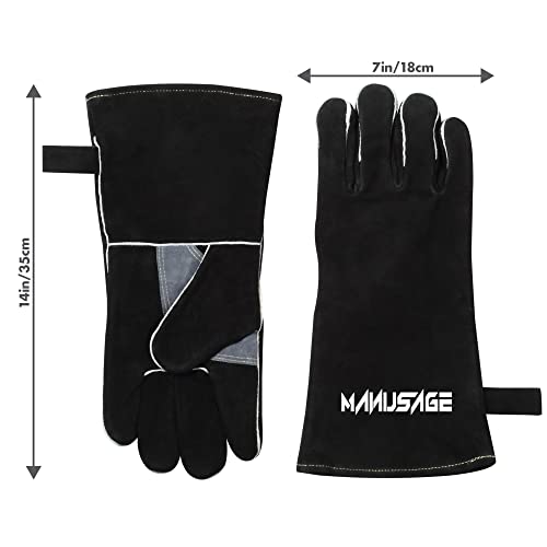 Manusage Welding Gloves,14 Inches Leather Welding Gloves 932℉ Heat Resistance, Mitts For Oven Grill Furnace Stove Tig Mig, Animal Handling Glove With Long Sleeve, Leather Palm Lining Gloves, Black #TOP4