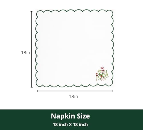 Image of PurpleEssences Scalloped Cloth Napkins 18x18 in - White Edges Green Wreath