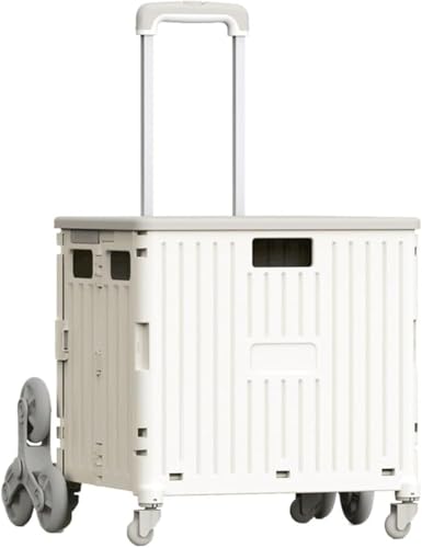 Carrito de compras plegable con ruedas, ruedas para subir escaleras, mango telescópico, blanco, 65 L