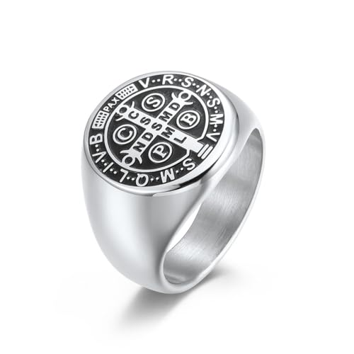 Bague acier inoxydable croix d'exorciste chevalière spirituelle anneau motard gothique