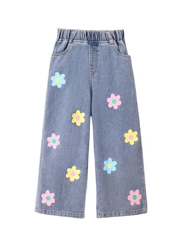 Verdusa Girl's Cute Floral Jeans Elastic High Waisted Straight Leg Casual Denim Pants