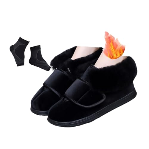 Men Comfy Winter Warm Fur Collar Adjustable Diabetic Edema Shoes, Outdoor Non-Slip Orthopedic Easy-Close Orthopaedic Sneakers, for Elderly Foot Pain Relief, Feet Plantar Fasciitis