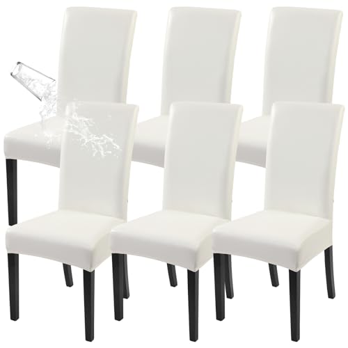 Image of SearchI Waterproof PU Leather Dining Chair Covers Stretch, Set of 6, Cream