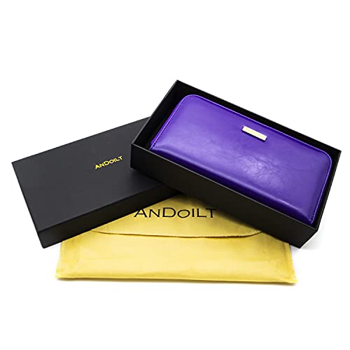 Image of ANDOILT Genuine Leather Wallet for Women Men RFID Blocking Credit Card Holder Zipper Purse Cell Phone Handbag, S6 purple, Taille unique, Vintage