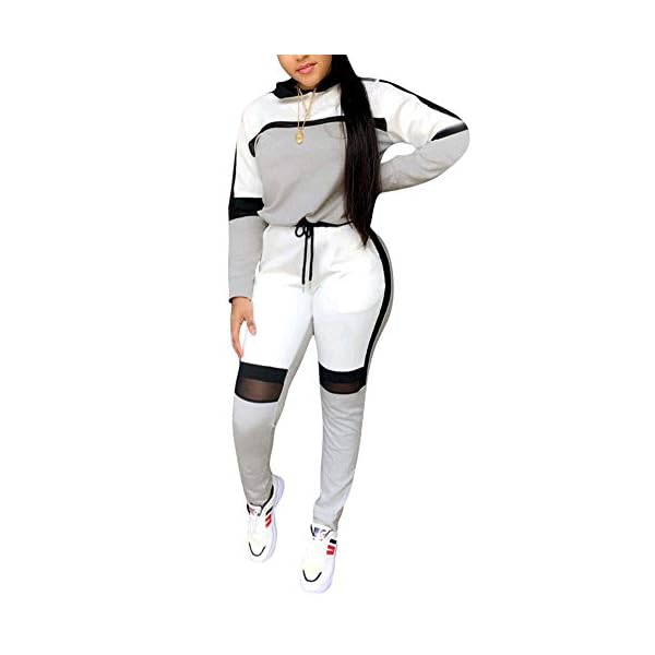 Women-2-Piece-Outfit-Long-Sleeve-Color-Block-Mesh-Hoodie-Sweatshirt-Skinny-Long-Pants-Tracksuits-Set Annystore 2 PC Tracksuit For Women Long Sleeve Hooded Sweatshirts + Long Pants Sportswear Outfit Sweatsuit Set Grey S