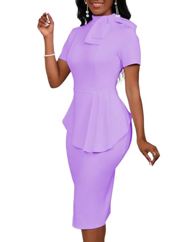 Image of WanMem Women Formal Bodycon Peplum Cocktail Dress Short Sleeve Bow Ruffle Pencil Party Midi Dresses