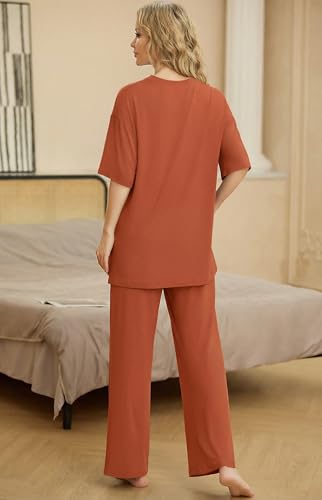 Image of PrinStory Womens Pajamas Sets 2 Piece Lounge Set Short Sleeve Tops and Long Pants Soft Pjs Loungewear with Pockets