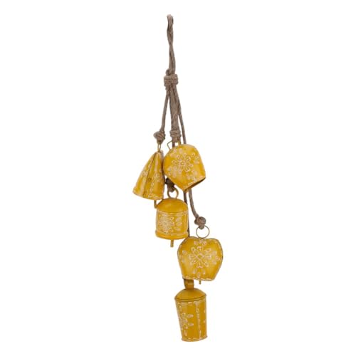 Hand-Painted 25” Wind Chime with 5 Christmas Decorative Jingle Bell – Hanging Ornament – Boho Outdoor & Indoor Decor – Rustic Cow Bells for Garden, Porch, Patio, Entryway, Farmhouse & Gift (Yellow)