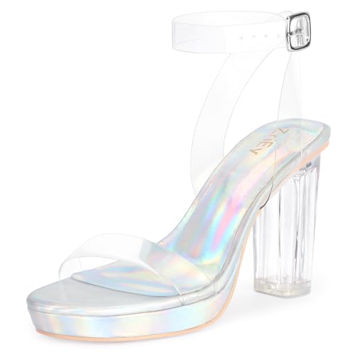 Image of ZriEy 4-Inch Platform Clear High Heels for Women Block Chunky Heeled Sandals Open Toe Ankle Strap Heels Wedding Party Evening Prom Dress Pump Sandal Shoes