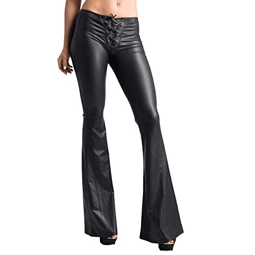Women's Faux Leather Bell Bottom Pants Low Rise Lace up Bootcut Palazzo Leggings Wet Look 70s Disco Wide Leg Pants Slim Flare Pant Slim Fit Yoga Trousers Black L