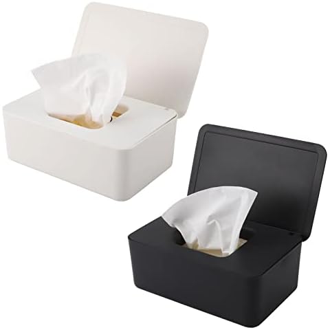 2PCS Wet Wipes Dispenser Box, Baby Wipes Dispenser Toilet Wipes Dispenser Box with Lid Seal Dustproof Reusable Wipes Box Keep Wipes Freshfor Car Office Home (Black+White) Cover