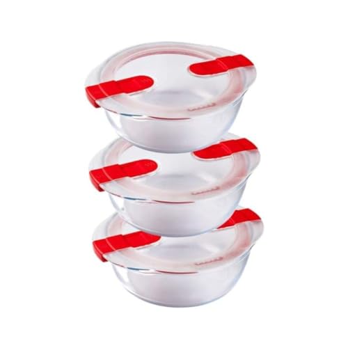 Pyrex Cook & Heat - Lot de 3 Boites Rondes Identiques - 1L - Verre Borosilicate - LunchBox - Couvercle Hérmétique spécial Micro-Onde - Made in France