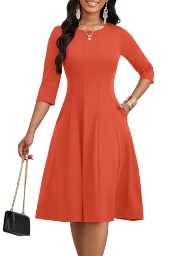 Image of CLOCOR Casual Midi Dresses for Women A-Line Fit and Flare Elegant Church 3 /4 Sleeve Crew Neck Dress with Pocket