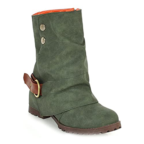 VOKLIN Women's Winter Slouch Riding Mid Calf Boots Round Toe Slip On Lace Up Low Heel Casual Warm Fur Boots