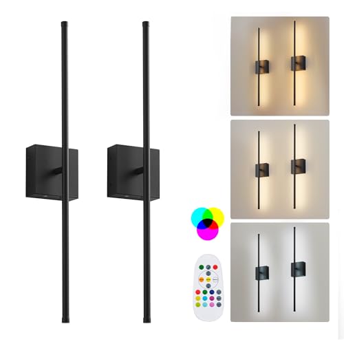 Image of KARTOOSH 32.2 Inch Battery Operated Wall Sconces Wireless Set of 2, Black | RGB Wall Lamps, 3 Color Temps, Remote Control, Dimmable Rotatable, LED Wall Lights for Living Room Bedroom