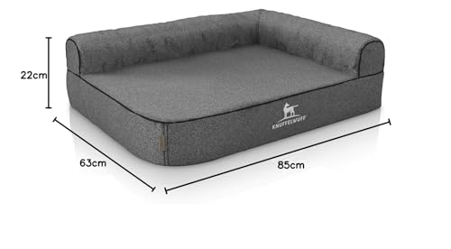 Knuffelwuff Orthopädisches Eck Hundebett Marlie Hundesofa aus Velours mit Handwebcharakter L 85 x 63cm Lehne Rechts Grau - abnehmbarer Bezug - waschbar - für große, mittelgroße und kleine Hunde