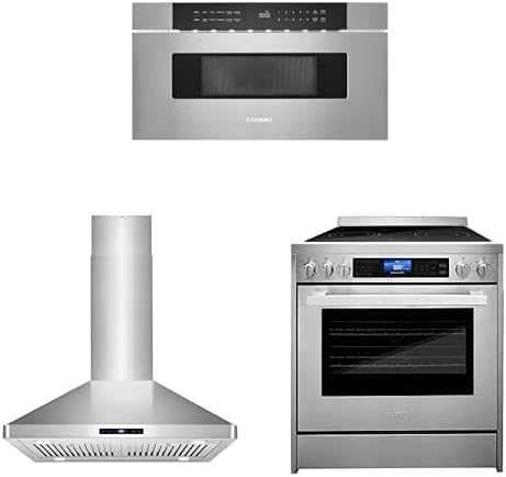 COSMO 3-Piece Kitchen Appliance Packages, 30" Microwave Drawer No Handle Stainless Steel, 30" Island Range Hood and 30" Electric Range