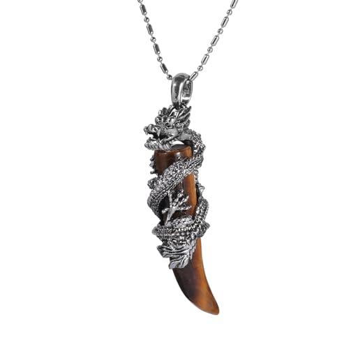 TUMBEELLUWA Dragon Pendant Necklace Wolf Tooth Crystal Stone Birthstone Protection Amulet Fengshui Jewelry Gift for Men Women
