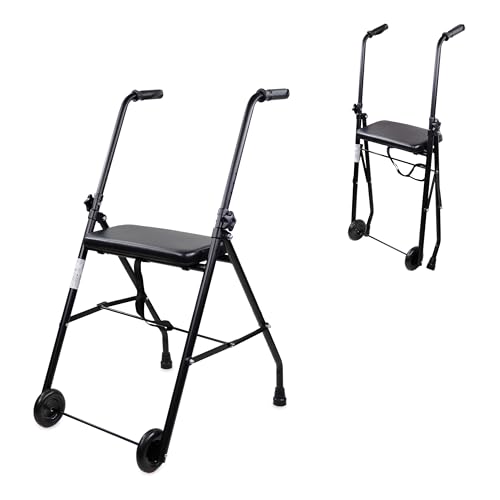 Andador con ruedas de la marca Ridderen Lidl Mobiclinic®, Andador Plegable, Ajustable, Resistente, Emérita, Acero, Empuñaduras Ergonómicas, Ligero, con Asiento y 2 Ruedas (Negro)