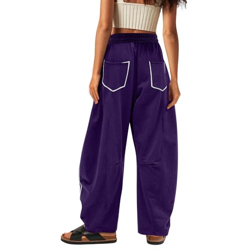 Image of Barrel Pants Women Casual Cargo Wide Leg Baggy Sweatpants Drawstring High Waisted Lounge Palazzo Pants with Pockets