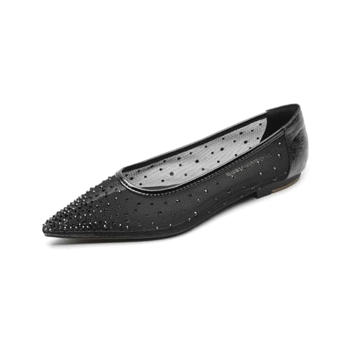 Glitter Flats for Women Pointed Toe Mary Jane Shoes Mesh Casual Office Dressy Flats with Rhinestones