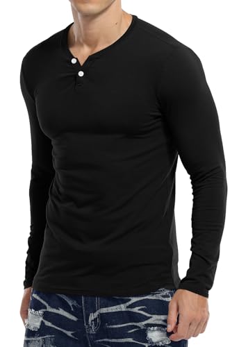 KUYIGO Mens Henley Shirts Slim Fit Long Sleeve Casual Button Fashion Cotton V Neck Tops Tee4