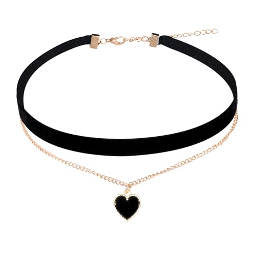 Telooco Collier Ras du Cou en Velours avec Cœur Pendentif Noir Collier Traditionnel Réglable Classique Collier de Velours Multicouche Tour de Cou Chaîne de...