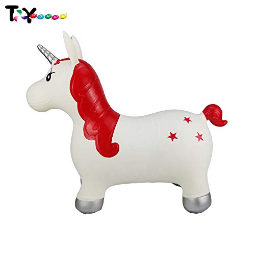 Image of Toy House Bouncy Horse Hopper Inflatable Jumping White Unicorn, Ride On Rubber Bouncing Animal Toys for Kids Toddlers Boys and Girls | Pump Included
