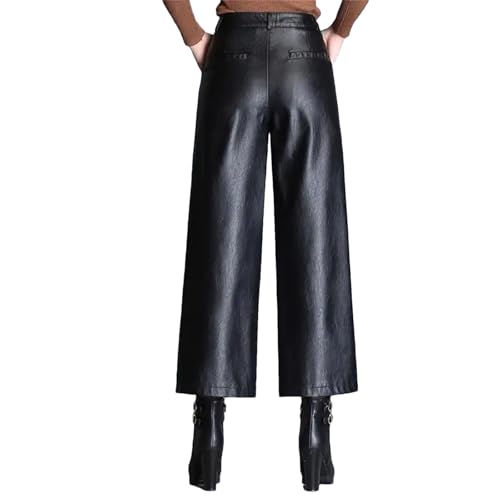 Womens High Waist PU Wide Leg Ankle-Length Pants Women Black